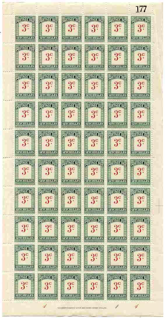 Seychelles 1951 Postage Due 3c scarlet & green wmk Script CA complete sheet of 60, creases in margin but unmounted mint, SG D2