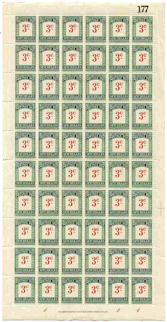 Seychelles 1951 Postage Due 3c scarlet & green wmk Script CA complete sheet of 60, creases in margin but unmounted mint, SG D2