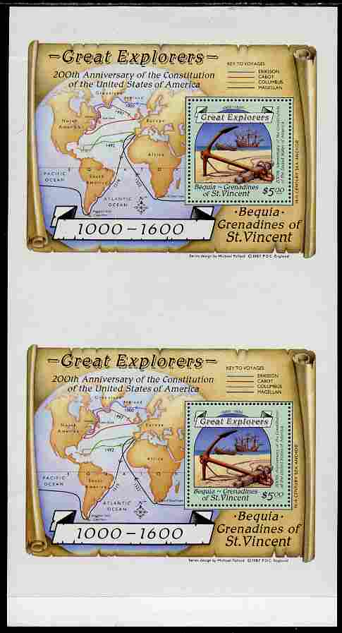 St Vincent - Bequia 1988 Explorers $5 m/sheet (Map & Anchor) vert pair unmounted mint from an uncut archive proof sheet, folded vertically but extremely rare. 