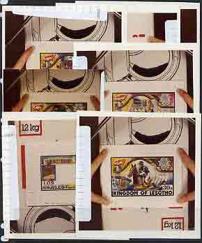 Lesotho 1984 Olympic Games set of,7 colour photographic proofs submitted by the artist for comment or approval (the set of 5 plus stamp & border for m/s), the 50s (swimming) endorsed "the man should be negroid' and m/s size altere……Details Below