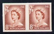 New Zealand 1955-59 QEII 8d chestnut (large numeral) IMPERF horiz pair on thin card, rare thus, as SG751
