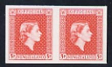 New Zealand 1954 Official QEII 3d vermilion IMPERF horiz pair on thin card, rare thus, as SG O163