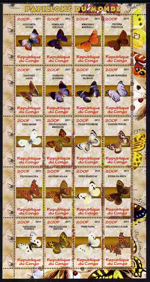 Congo 2011 Butterflies of the World #1 perf sheetlet containing 20 values unmounted mint