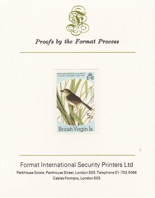 British Virgin Islands 1985 John Audubon Birds 5c Seaside Sparrow imperf proof mounted on Format International proof card, as SG 588