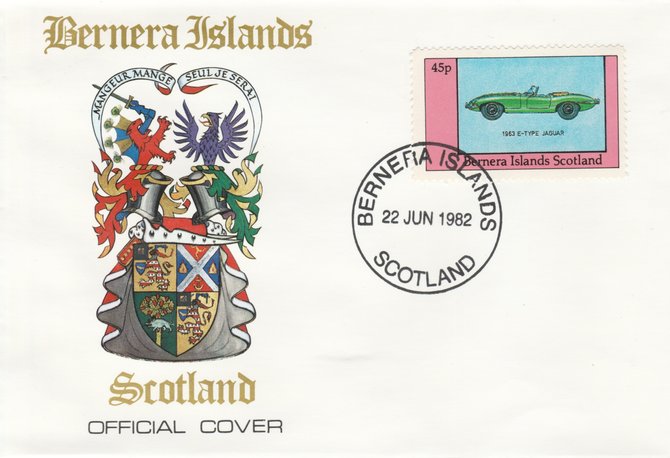Bernera 1982 Sports Cars - 1963 E-Type Jaguar perf 45p on official cover with first day cancel