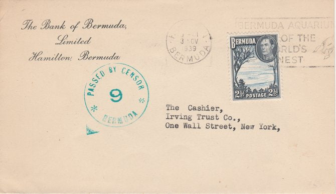 Bermuda 1939 Censored commercial cover to USA bearing 2.5d with machine cancel and fine PASSED BY CENSOR no.9 in green, a clean and attractive cover