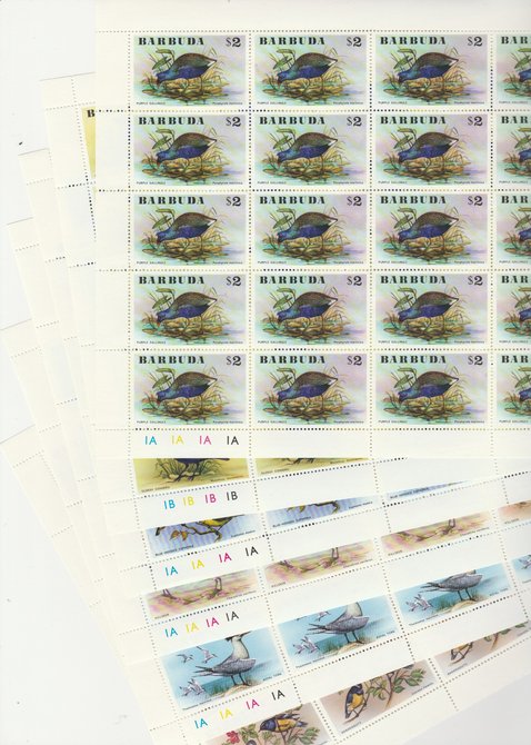 Barbuda 1976 Birds set of 6 in complete sheets of 25, superb unmounted mint, SG 262-7