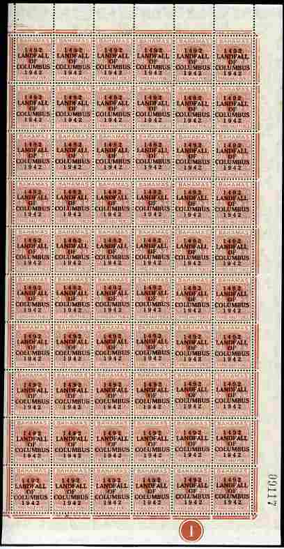 Bahamas 1942 KG6 Landfall of Columbus 1.5d red-brown complete right pane of 60 including plate varieties R10/6 (Sliced C) plus overprint varieties incl R1/2 (Flaw on N), R2/4 (Broken F), R3/2 (Flaw in second U), R9/4 (Dot in U), R……Details Below