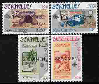 Seychelles 1980 London 1980 Stamp Exhibition - Currency Notes set of 4 each overprinted SPECIMEN unmounted mint SG 468s-71s