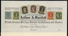 Canada - Arthur Bartlett sheet of notepaper with superb colour reproductions of 7 stamps, folded but superb