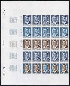 Ivory Coast 1986 Pres Houphouet-Boigny 50f part sheet of 25 imperf colour trials (5 x 5) containing 7 different colour combinations, as SG 895