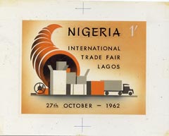 Nigeria 1962 International Trade Fair original hand-painted artwork (probably by R Hegeman) similar issued 1s value on card 5"x4" plus issued stamp 