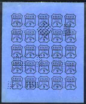 Italy - Parma 1853 Newspaper issue Spiro Forgery complete imperf sheet of 25 x 9c black on blue 'used'