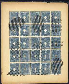 Italy - Tuscany 1860 issue Spiro Forgery complete imperf sheet of 25 x 20c blue (Arms) 'used'