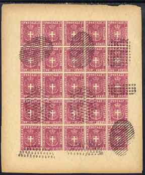 Italy - Tuscany 1860 issue Spiro Forgery complete imperf sheet of 25 x 40c rose (Arms) 'used'