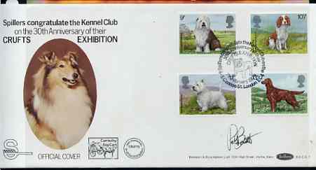 GB Great Britain 1979 Dogs set of 4 on illustrated cover with first day Crufts cancel, signed by Peter Barrett, the designer