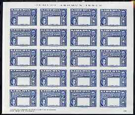 Liberia 1952 Ashmun 50c blue imperf proof sheet of 20 of frame only in issued colour unmounted mint as SG 722