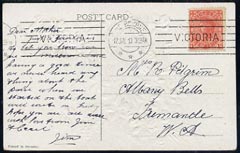 Victoria 1910 embossed picture postcard (Flowers) to W Australia bearing 1d tied machine cancel, v fine
