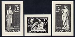 Denmark 1938 set of 3 essays for Thorvaldsen issue in black (10, 15 & 30 ore) on ungummed paper