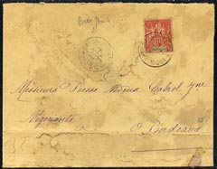 Martinique 1908 cover (stained) to Bordeaux bearing 10c red & blue tied 'Basse' cds