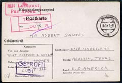 Germany 1944 postal card to Texas with boxed cachets