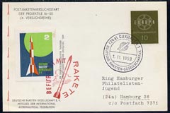 Germany 1959 Rocket mail Flight card carried on Rockets 16-20 with special label, cachet & cancel
