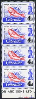 Gibraltar 1966 European Sea Angling Championships 4d unmounted mint positional strip of 4, one stamp showing €˜broken d€™ variety,(Row 9/3)
