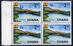 Ghana 1965 New Currency 2p on 2d Volta River marginal block of 4, one stamp with variety Large 2p R3/1, unmounted mint