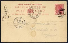 Gold Coast 1898 QV 1d p/stat card to UK with 556 cancel & Cape Coast date stamp alongside, horiz fold