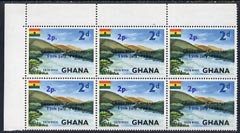 Ghana 1965 New Currency 2p on 2d Volta River unmounted mint block of 6, one stamp with variety Broken c in Currency R2/3