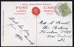 GB Great Britain 1908 KE7 PPC (Franco-British Exhibition) used bearing KE7 1/2d with fine exhibition cancel (Narrow D in London)
