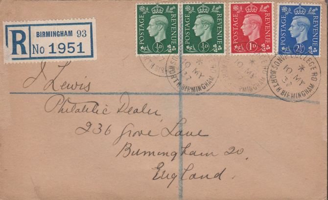 GB Great Britain 1937 KG6 1/2d (2), 1d & 2.5d on reg envelope with first day cancels. Note I have a small quantity of these covers so the one you receive may not be identical to the one illustrated