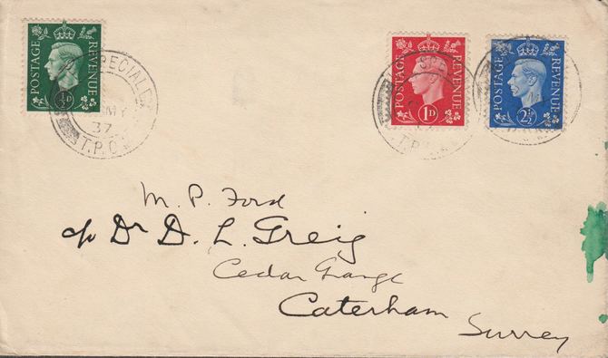 GB Great Britain 1937 KG6 1/2d, 1d & 2.5d on cover with clear TPO cancel of 9th May - one day before issue!