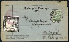 Hungary 1925 Balloon Flight - copy of Feldpost letter sheet with 'Ballonpost Przemyst/ 1915' in black bearing 200k green plus Balloon post label tied with special cachet in red, reproduced in 1925 for Philatelic Day