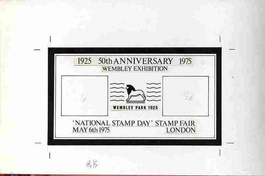 Exhibition souvenir sheet for 1975 National Stamp Day - Original hand-drawn artwork for outer frame on board 230 x 145 mm (image 143 x 80 mm) with artist's rough showing initial design plus issued souvenir sheet showing GB Great B……Details Below