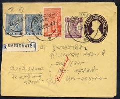 India 1949 postal stationery env with additional adhesives registered from BASIRHAT marked €˜Refused€™