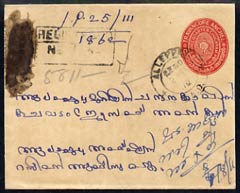 Indian States - Travancore 3/4ch red p/stat env reg used with additional 1ch & 2ch on reverse, cancelled Alleppey