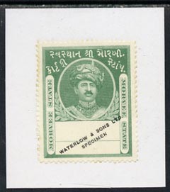 Indian States - Morvi 1940's colour trial proof of undenominated Revenue stamp in green fixed to piece overprinted 'Waterlow & Sons Ltd, Specimen' with security puncture