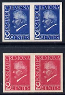 Italy 1920 (circa) Printer's trial,for the Victory-Kidden machine depicting profile of man insc 'Posta Di/Cremona/ 2 Centes' imperf pairs in red & blue, fine
