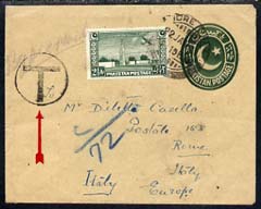 Italy 1951 p/stat env from Pakistan with Circle T tax mark & c/72 in blue crayon (Postage Due)