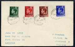 Morocco Agencies - Spanish Currency 1938 cover to UK bearing KE8 set of 4 cancelled Larache 30 June - the last day this PO was in operation