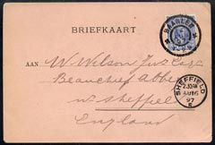 Netherlands 1897 Aug 16, postcard to England bearing 1891 5c blue well tied Haarlem cds, fine