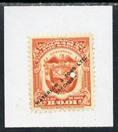 Panama 1925 colour trial proof of 1c Timbre National (Arms) in orange affixed to small piece overprinted 'Waterlow & Sons Ltd, Specimen' with small security puncture