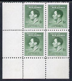 New Guinea 1937 KG6 Coronation 5d green SW corner block of 4 with major re-entry, stamps unmounted mint but very light crease, SG210a 