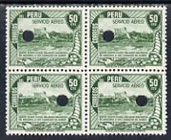 Peru 1938 Pictorial 50c (Port of Iquitos) perforated proof block of 4 in near issued colour each stamp with Waterlow security puncture