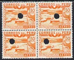 Peru 1938 Pictorial 30c (Irrigation Scheme) perforated proof block of 4 in near issued colour each stamp with Waterlow security puncture