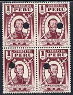 Peru 1938 Pictorial 1s (Toribio de Luzuriaga) perforated proof block of 4 in near issued colour each stamp with Waterlow security puncture