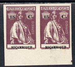 Mozambique 1914 Ceres imperf colour trial horiz proof pair in issued colours on ungummed paper, one stamp with large flaw in r/hand value tablet, most unusual