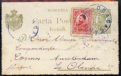 Rumania 1910 (circa) 15b green p/stat card to Amsterdam bearing additional 10b red tied 'Dragasan' cds, some foxing