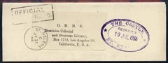 St Helena 1956 OHMS 'Official Paid' wrapper to USA with Castle h/stamp in violet, marked Received instead of Despatched 
